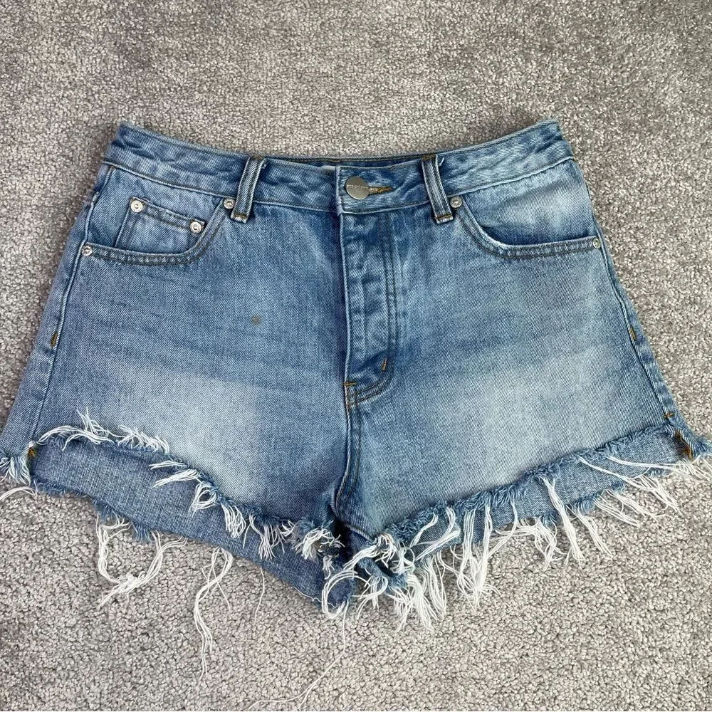 Superdown Cut Off Shorts Women’s 28 Blue High Rise Denim Button Fly Frayed Hem
